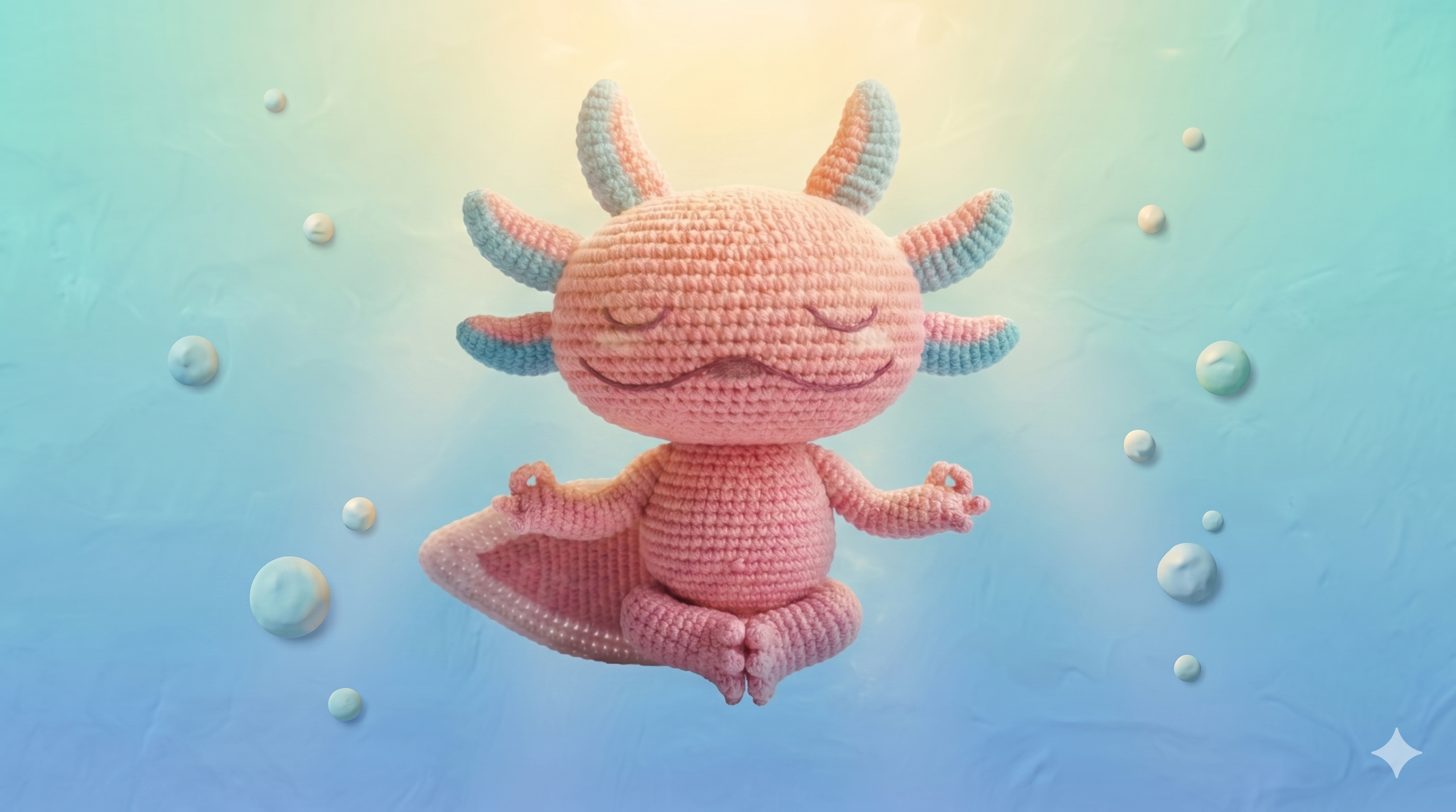 Peluche de crochet de Ajuu Ajolote en posición de loto